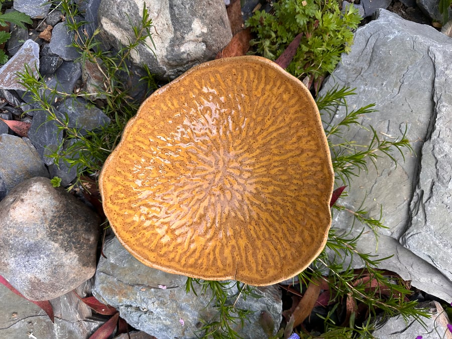 Handmade Stoneware Organic Textured Bowl. Amber Glazed Ceramic Centrepiece. On
