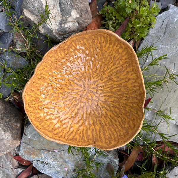 Handmade Stoneware Organic Textured Bowl. Amber Glazed Ceramic Centrepiece. On
