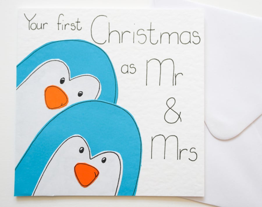 Your first Christmas As Mr and Mrs Xmas Card, Newly Married Penguins Card