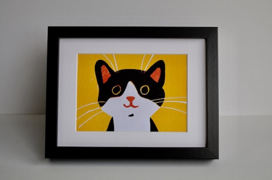 HAPPY CAT LINOCUT FRAMED  -LIMITED EDITION-FREE POSTAGE