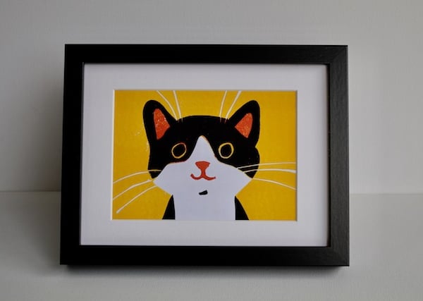 HAPPY CAT LINOCUT FRAMED  -LIMITED EDITION-FREE POSTAGE