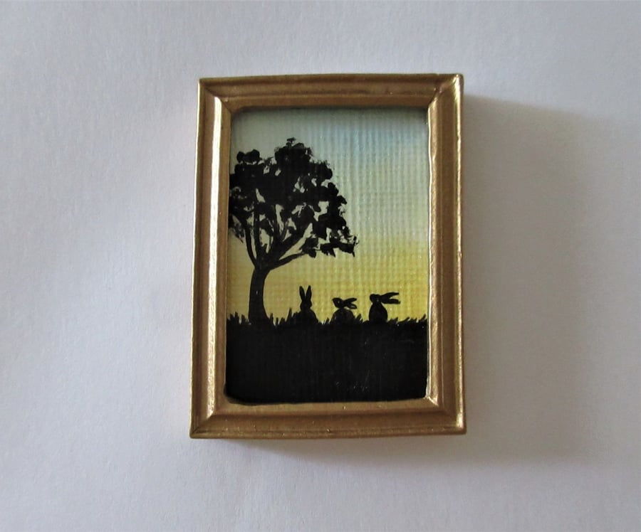 Doll House Miniature Original Painting Framed with Bunny Silhouette Rabbit 