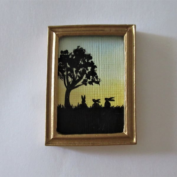 Doll House Miniature Original Painting Framed with Bunny Silhouette Rabbit 