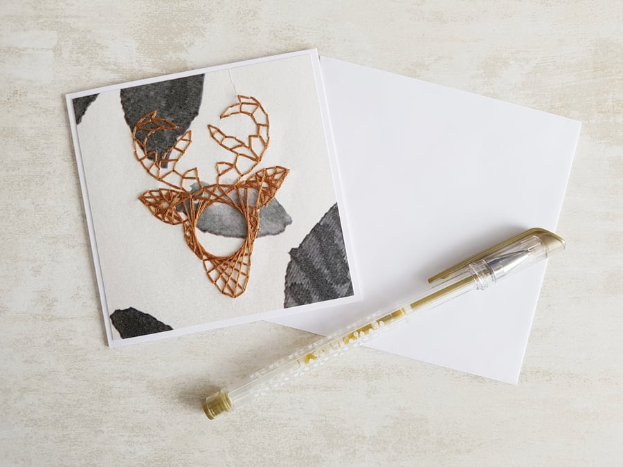 SALE Brown Deer Card, Deer Christmas Card, Hand Stitched Card