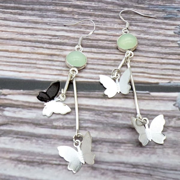 Moonstone Gemstone Butterfly Earrings- Sterling Silver Ear wires- Silver-Plated 