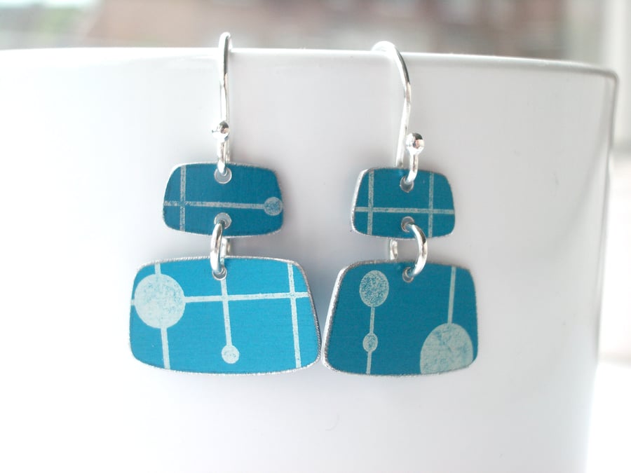 Mid century style rectangle earrings in teal