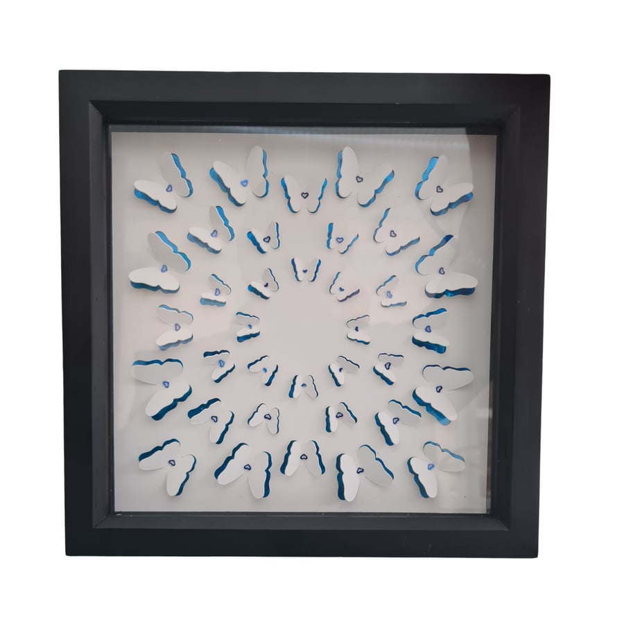 Homemade White Butterflies with Blue Heart body - Shadow Box