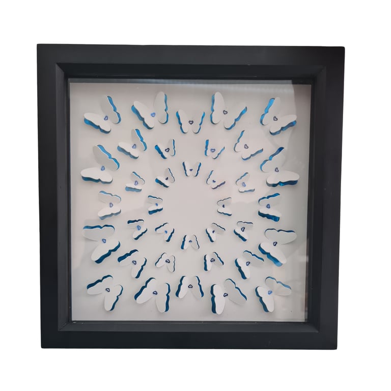 Homemade White Butterflies with Blue Heart body - Shadow Box