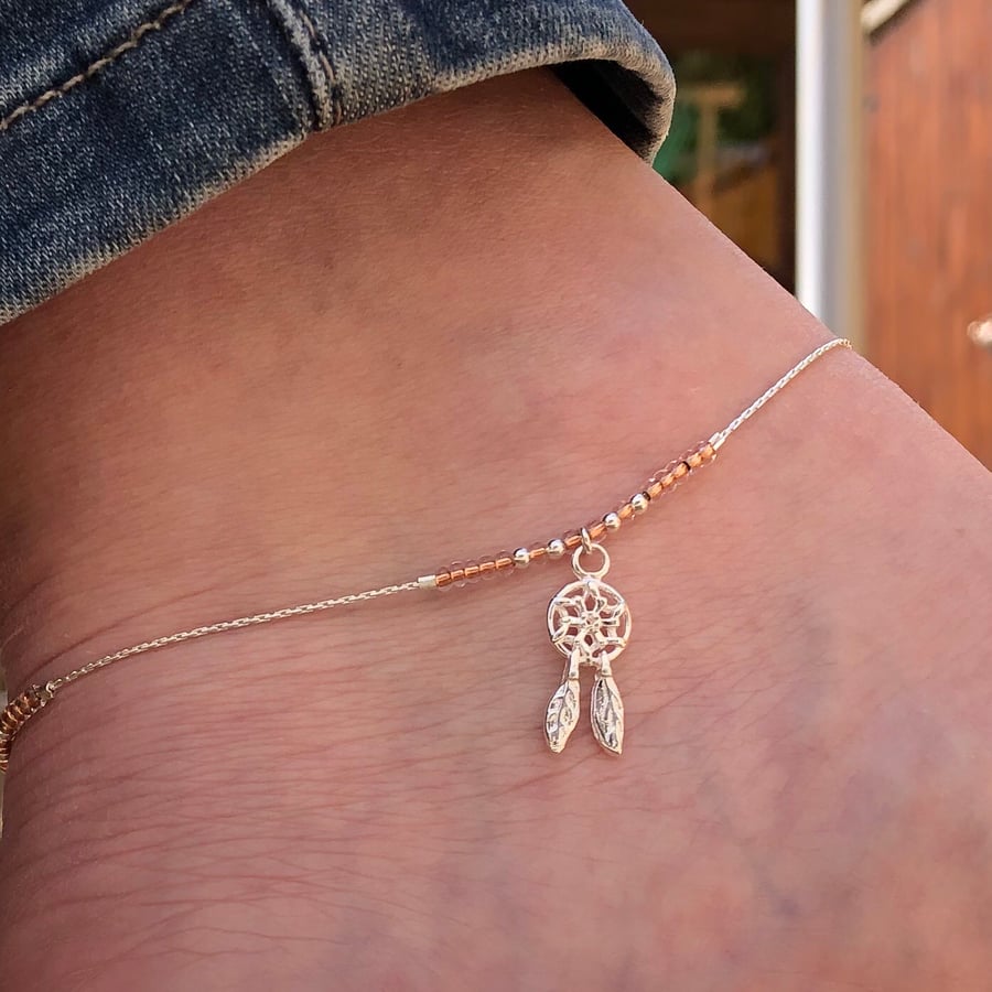 Dream catcher & copper seed bead floating anklet. Sterling silver. 