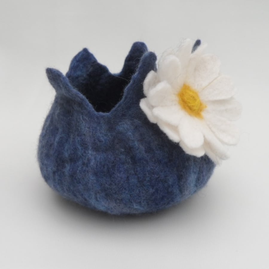 Blue hand felted pot, pod, vessel with white daisy