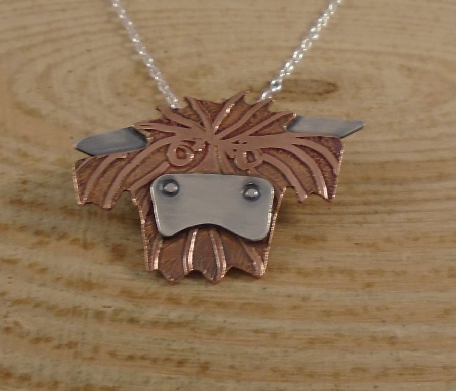 Copper and Sterling Silver Highland Cow Necklace