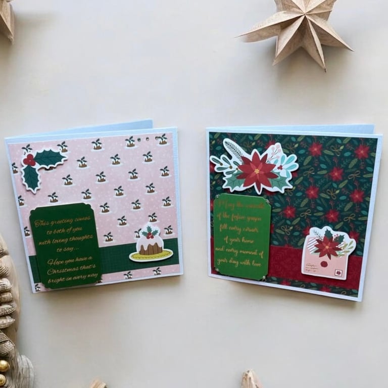 Set of two Christmas cards featuring Poinsettias and Christmas puddings.