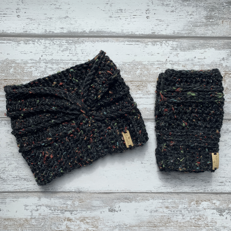 Handmade crochet ear warmer and fingerless glove set in black colourful tweed