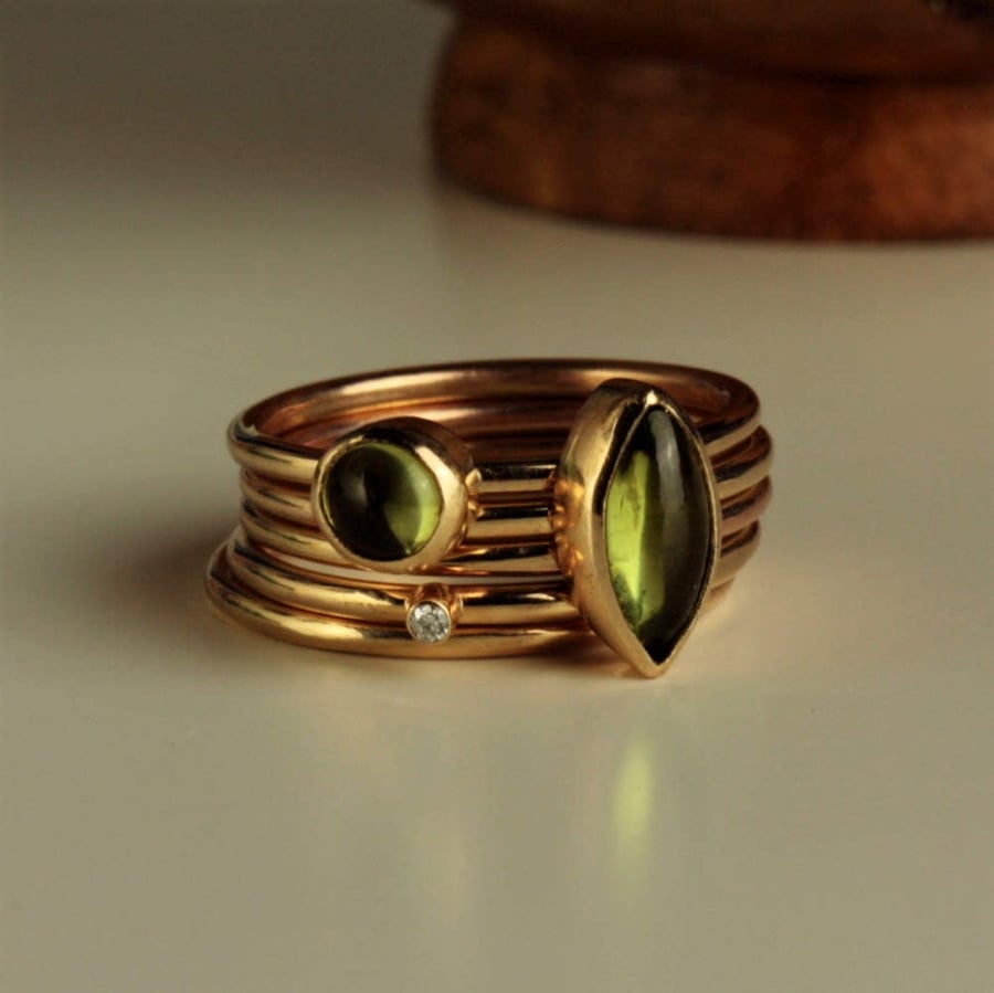 Peridot and Diamond Gold Stacking Rings