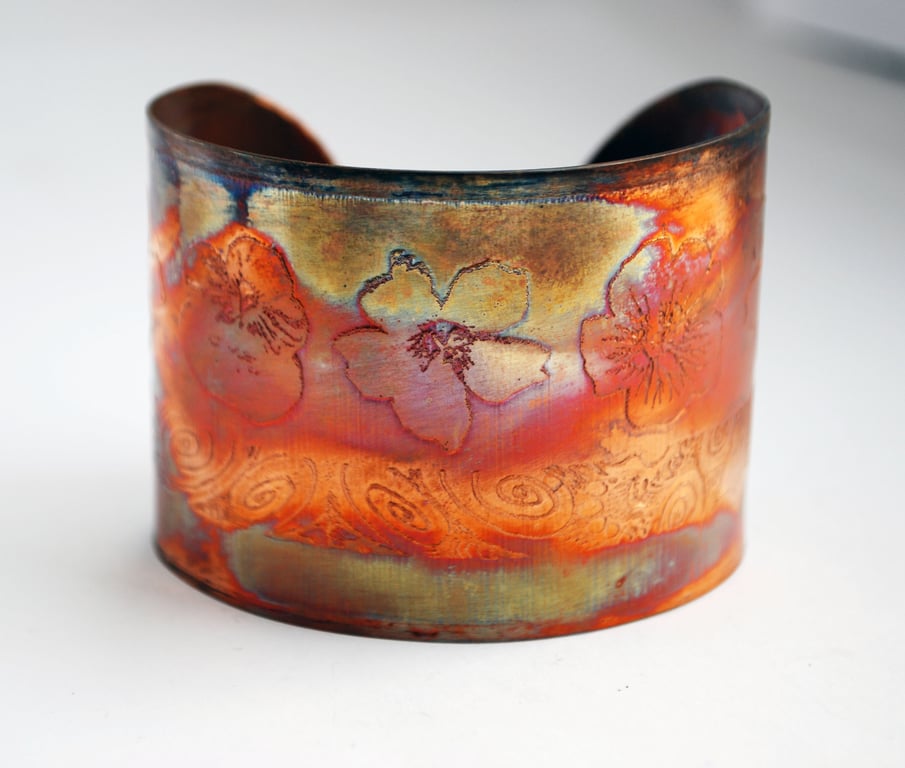 Etched Copper flower Cuff - large size