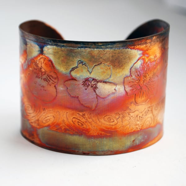 Etched Copper flower Cuff - large size