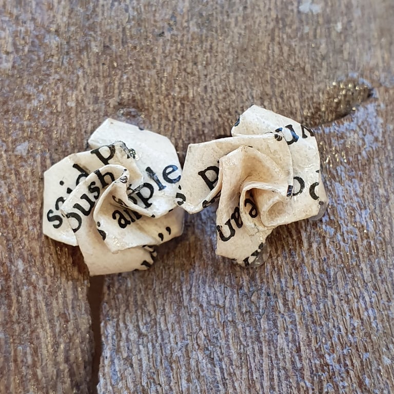 Tiny Paper Rose Stud Earrings, Upcycled Book Page Jewellery, , teacher gift
