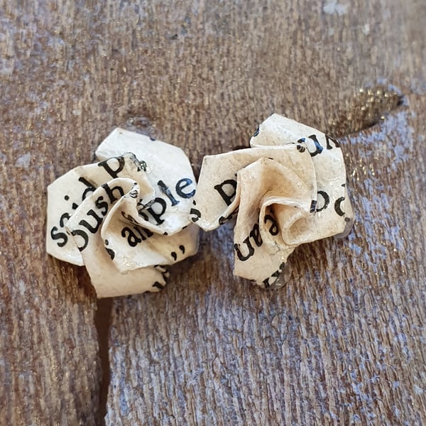 Tiny Paper Rose Stud Earrings, Upcycled Book Page Jewellery, , teacher gift