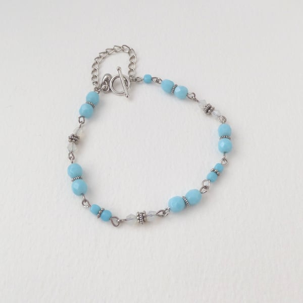 Turquoise Glass Tibetan Silver Bracelet, toggle clasp.