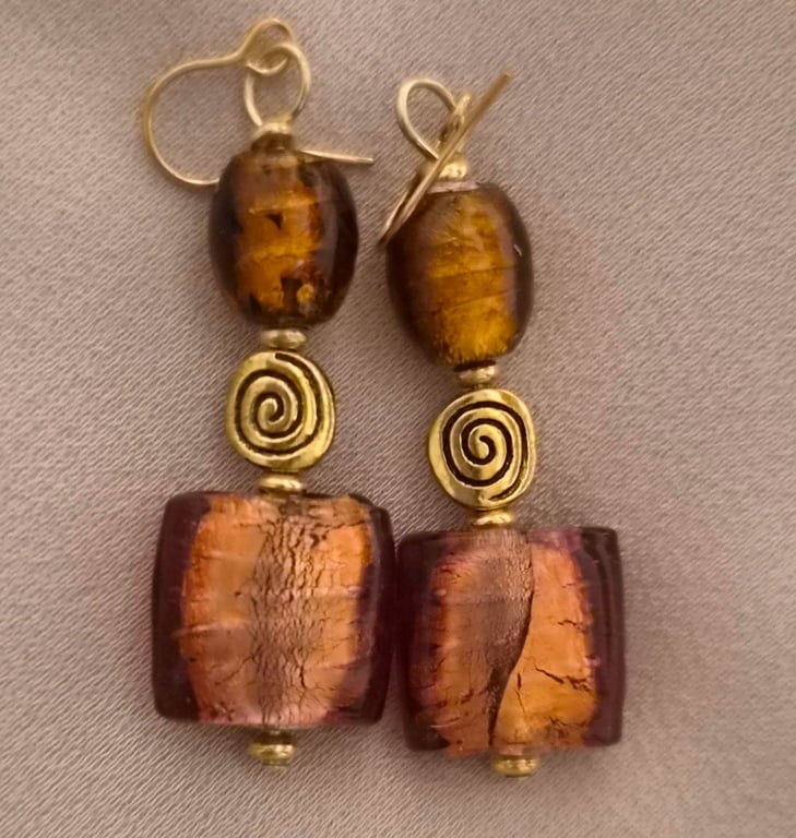 Amber Brown Glass Foil bead Square Earrings