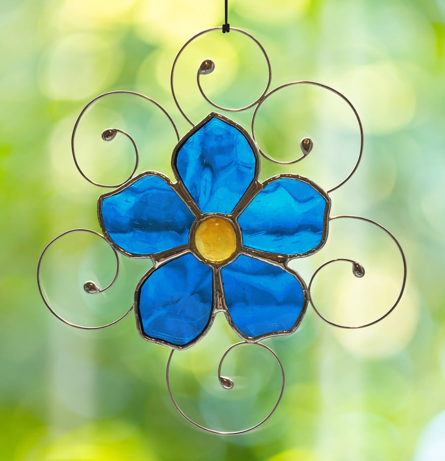 Forget Me Not Flower Sun Catcher - Remembrance Handmade Stained Glass 