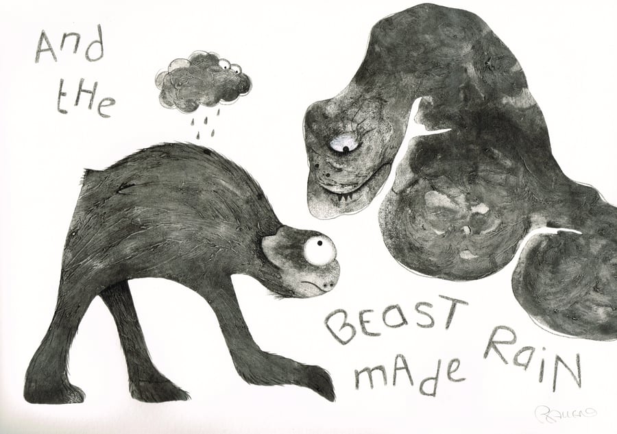 And the Beast made rain , hand printed collagraph print