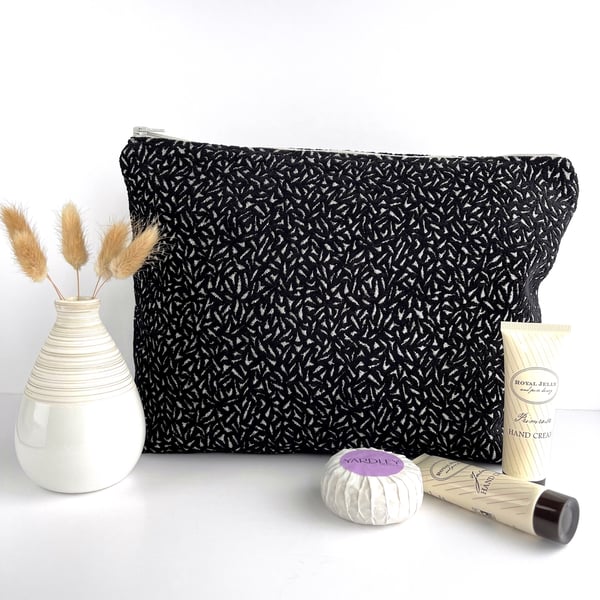 Black Toiletry Bag in Textured Velvet Fabric with Silver-grey Pattern