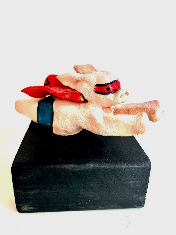 Handmade Ceramic Flying Super Pig, Wood Block Mount