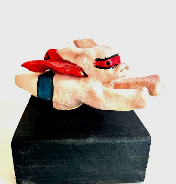 Handmade Ceramic Flying Super Pig, Wood Block Mount