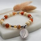 Agate and czech crystal silver leaf charm stretch bracelet