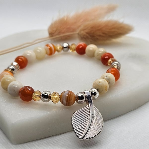 Agate and czech crystal silver leaf charm stretch bracelet