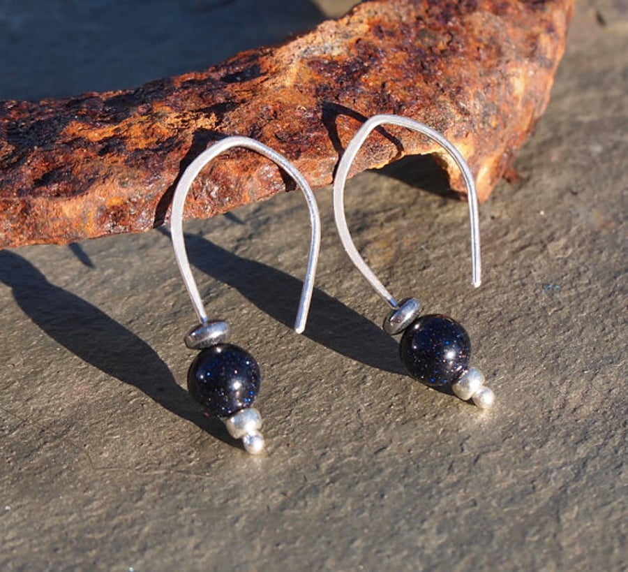 blue goldstone silver drop earrings