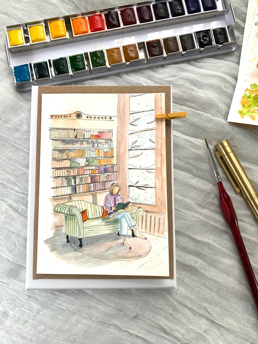 Hand-Painted Greeting Card – Cosy Reading Scene – Original Watercolour Art