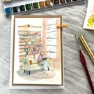 Hand-Painted Greeting Card – Cosy Reading Scene – Original Watercolour Art