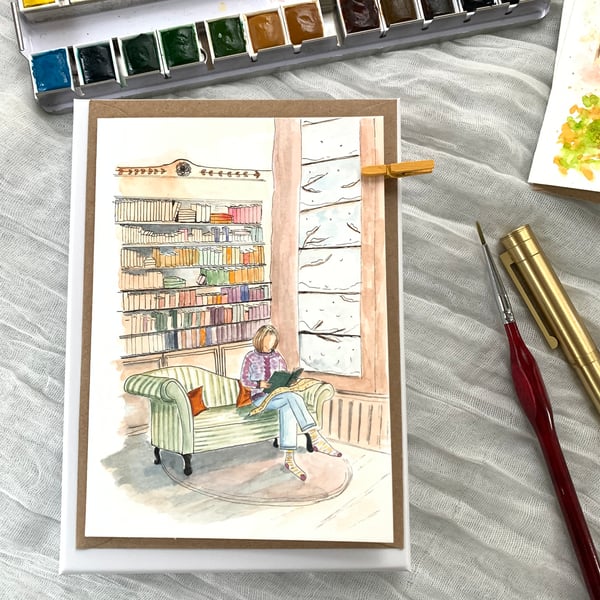 Hand-Painted Greeting Card – Cosy Reading Scene – Original Watercolour Art