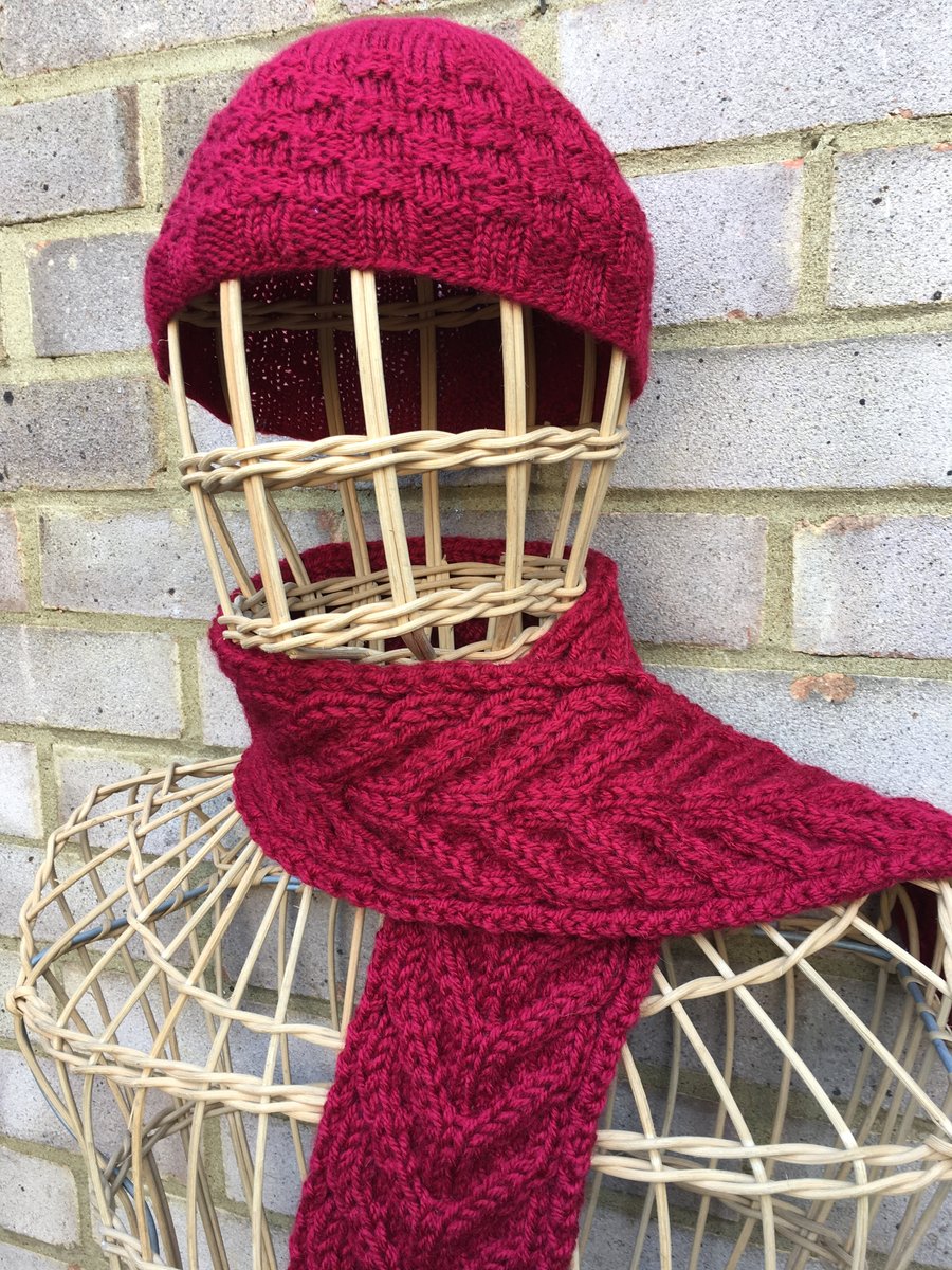 Bold Red Textured Hand Knitted Hat and Scarf Set Unisex
