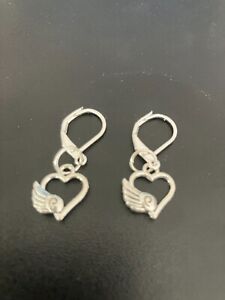silver plated leverback earrings with heart angel wing  silver charm