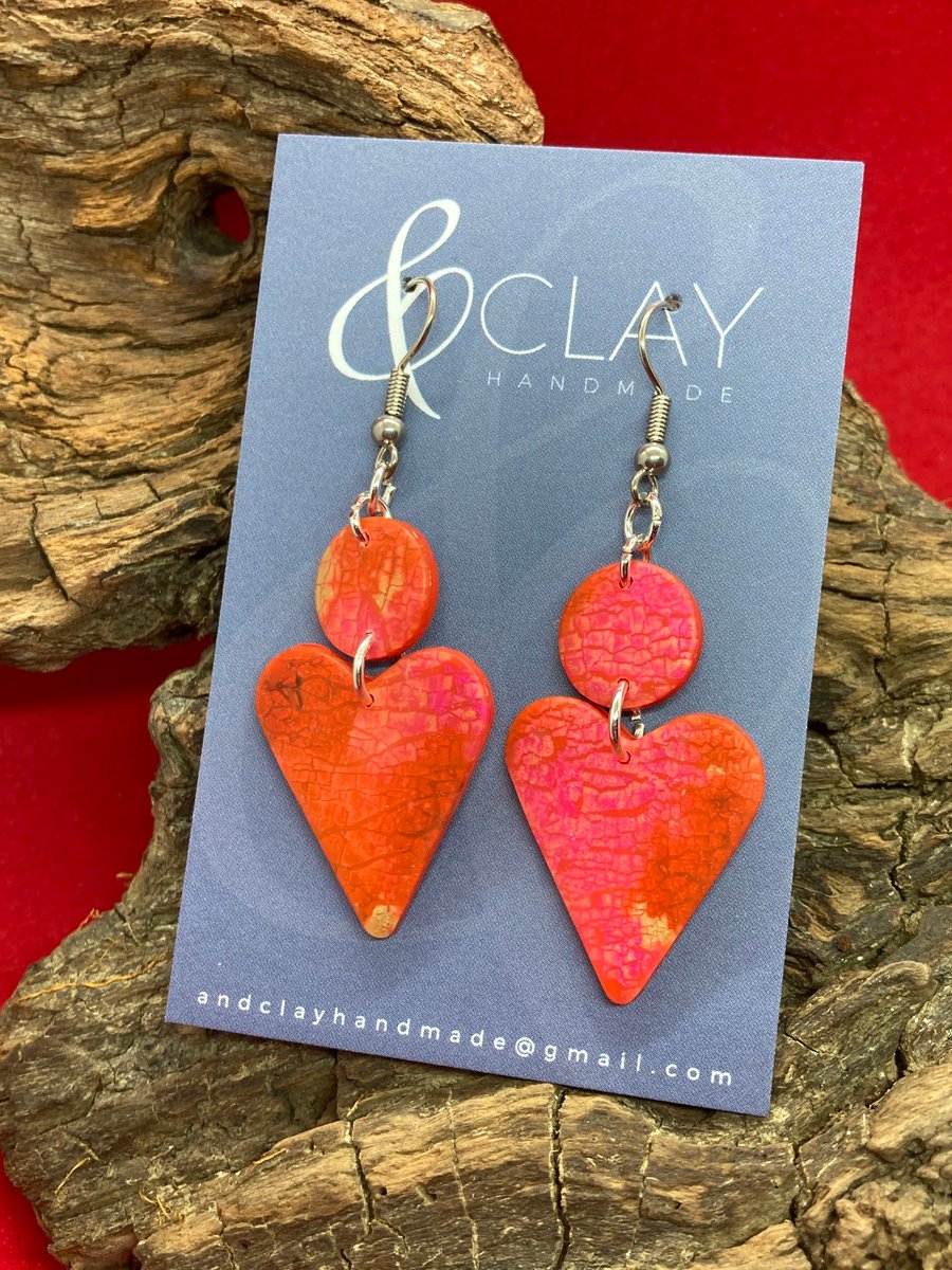 Red and Gold Heart Shaped Polymer Clay Earrings