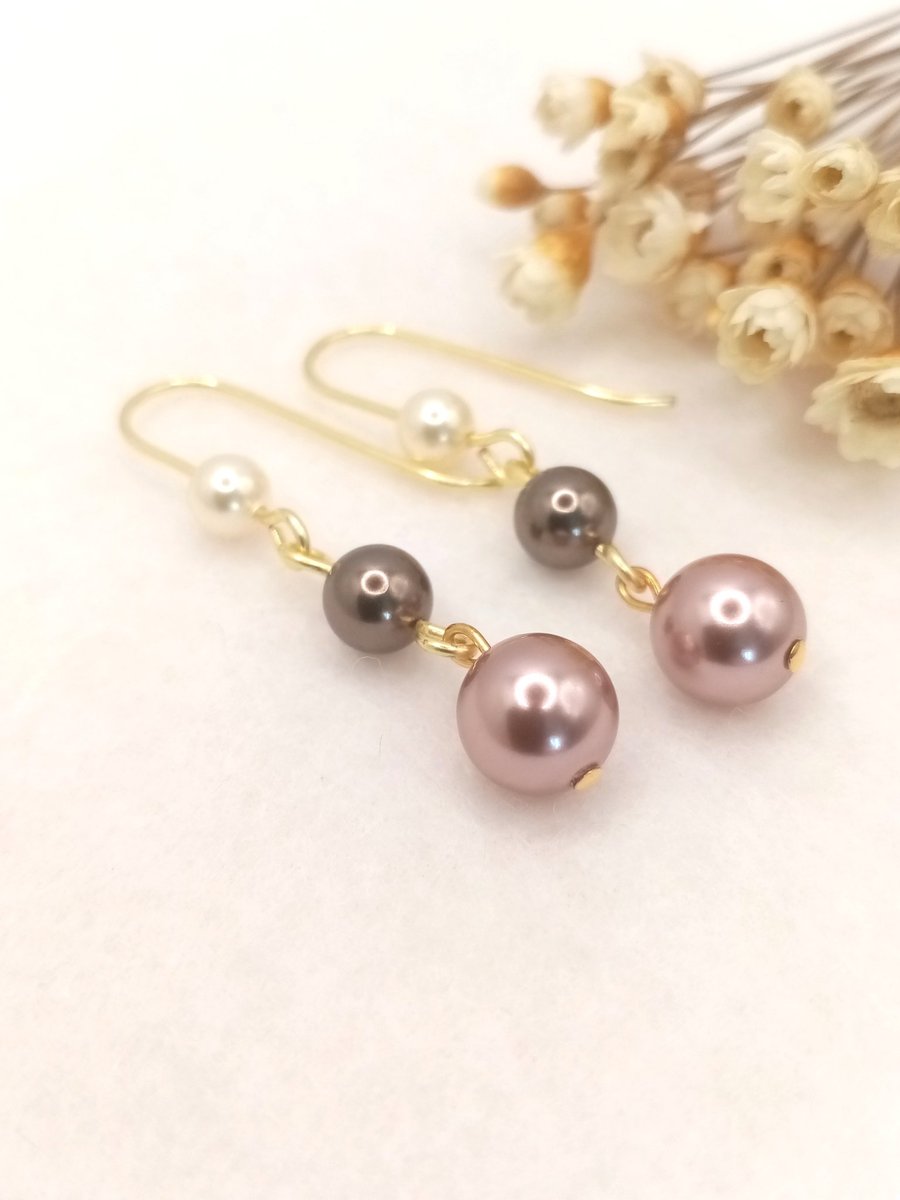 Pearl Earrings - Vintage Rose & Crystal Brown Pearl Drops - Special Occasion 