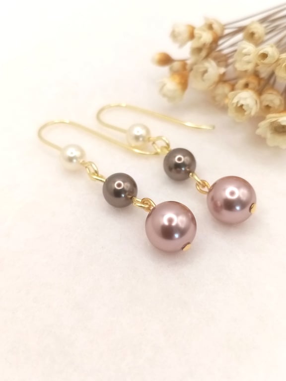 Pearl Earrings - Vintage Rose & Crystal Brown Pearl Drops - Special Occasion 