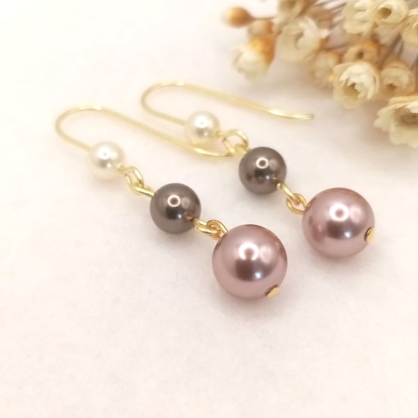 Pearl Earrings - Vintage Rose & Crystal Brown Pearl Drops - Special Occasion 