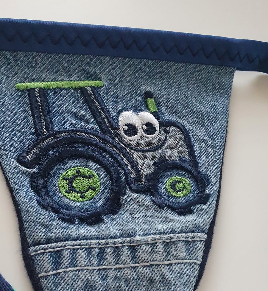 Fun Tractor Blue and Green Bunting on Blue Binding