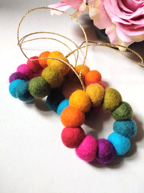 Felt Ball Mini Wreath Hanging Decorations, Set of 3, Rainbow Colours.