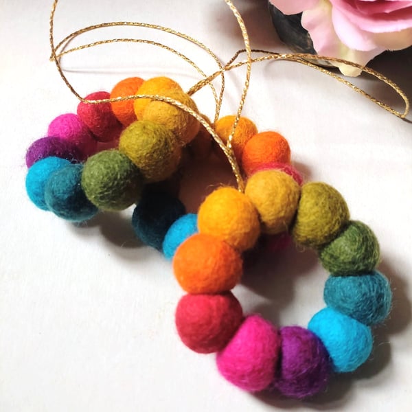 Felt Ball Mini Wreath Hanging Decorations, Set of 3, Rainbow Colours.