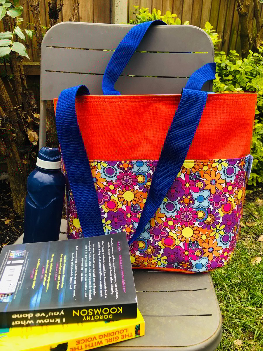 Orange Tote with Retro Floral pocket panel; retro floral tote bag; orange bag