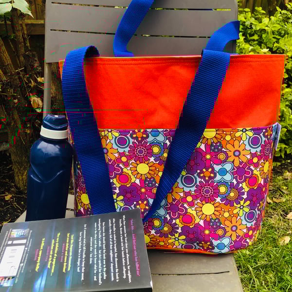 Orange Tote with Retro Floral pocket panel; retro floral tote bag; orange bag