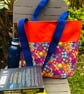 Orange Tote with Retro Floral pocket panel; retro floral tote bag; orange bag