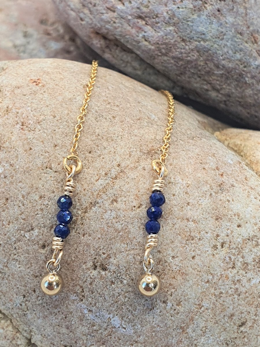 Gold Thread Through Earrings, Lapis Lazuli Earrings ,Gold Ball Earrings