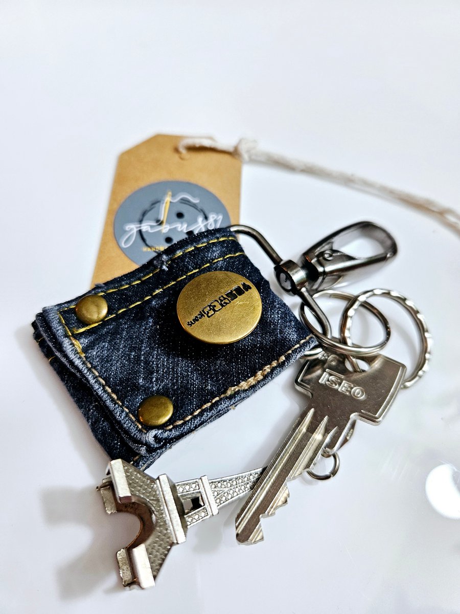 Denim key charms, jeans key ring, sustainable accessories 