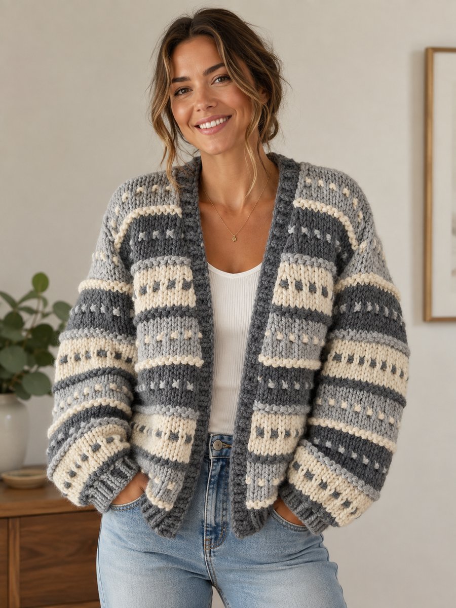 Image of Ladies Super-chunky Hand-knitted Cardigan in Charcoal, Grey & Cream